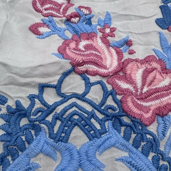 Kyla Seo for Anthropologie Blue/Pink Plaid, Embroidered, Roll Tab Sleeves, Med - Picture 5 of 12